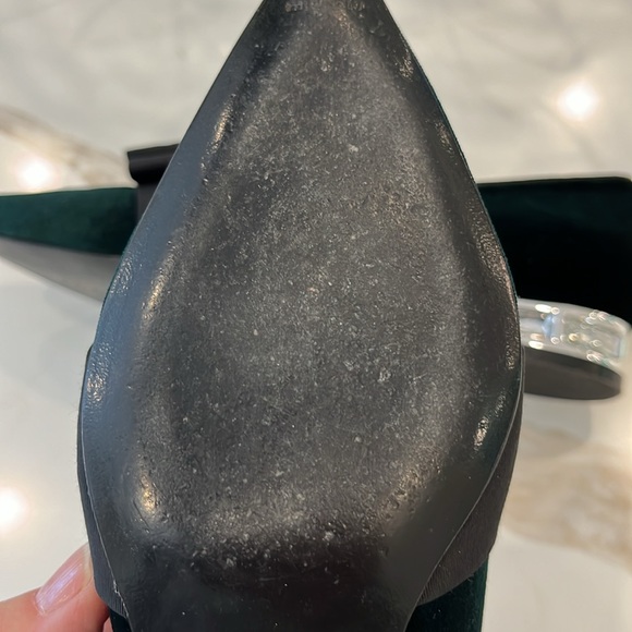 EUC Miu Miu flat dark green velvet shoes w black ribbon toe and gemstone heels - Picture 9 of 10